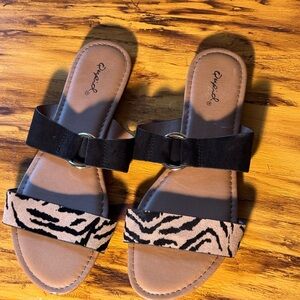 Qupid Black and Tan Animal Print Sandals